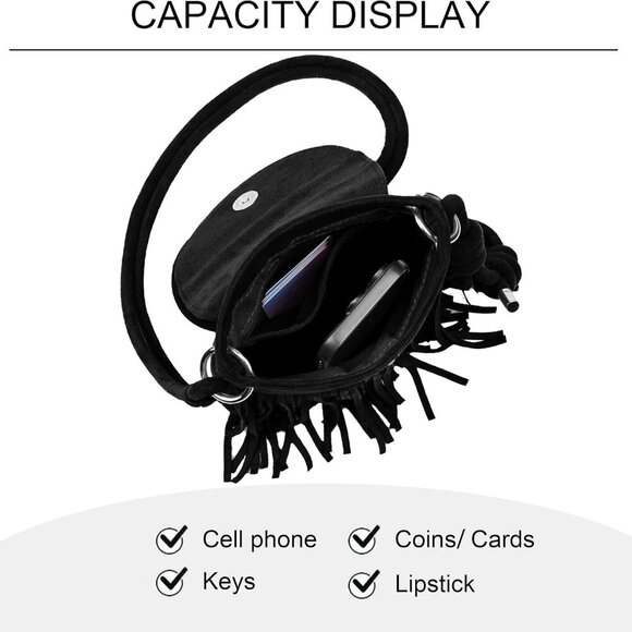 Mini Fringe Purse Suede Small Phone Bag Women Crossbody Wallet with Zipper - Picture 3 of 6